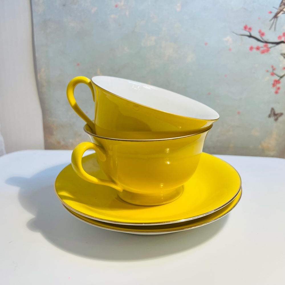 Noritake Teacup & Saucer Art Deco Hand Painted Yellow Gold Rim Set of 2